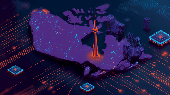 isometric view minimalistic colorful pop art retro style illustration showing isometric view of Canada map with CN tower icon denoting Toronto surrounded by circuitry roadways and tiny microchip buildings extending outward radially across the map