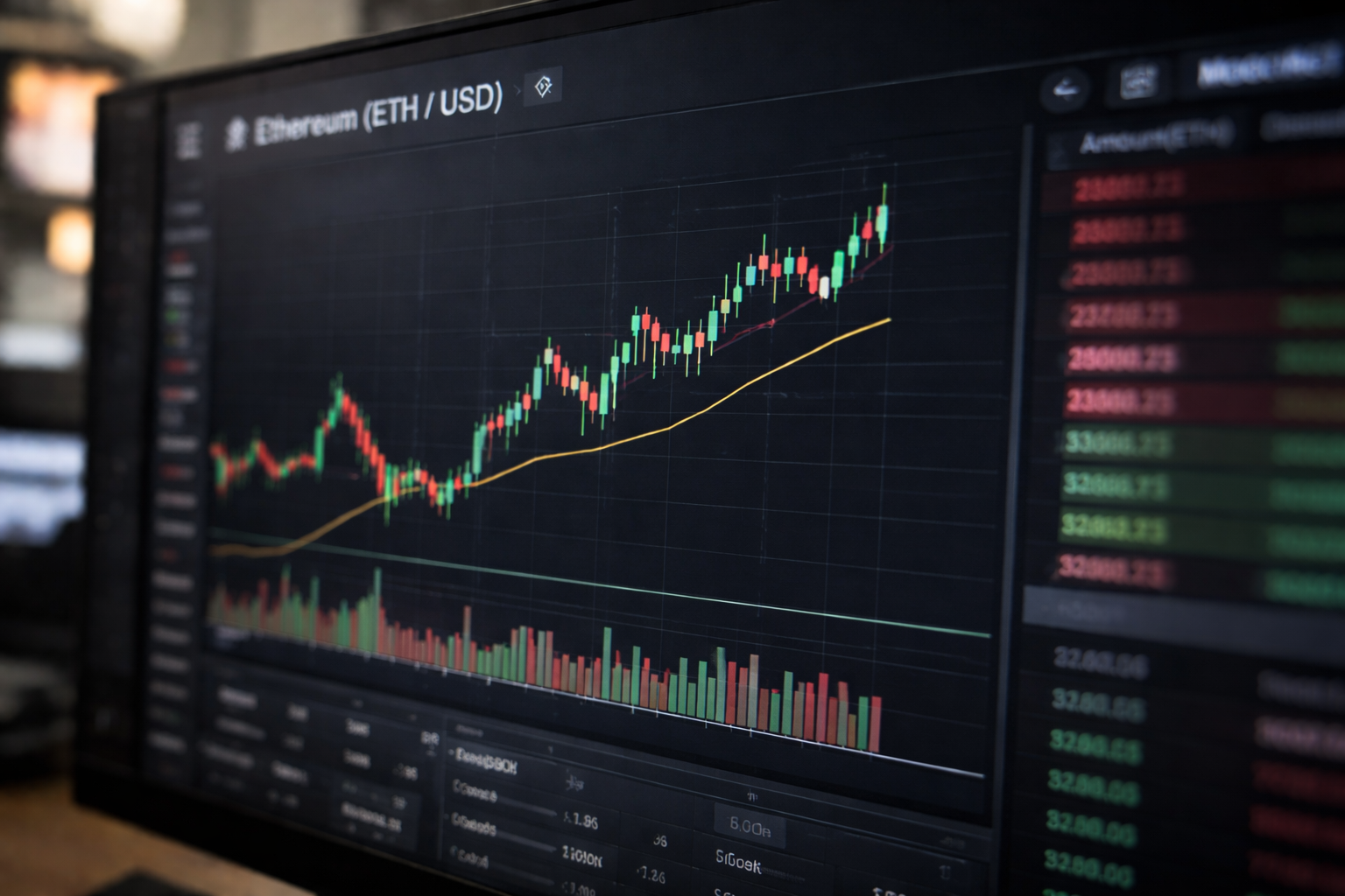 A computer monitor displaying an Ethereum (ETH/USD) candlestick price chart with rising trend lines and trading volume bars on a cryptocurrency trading interface.